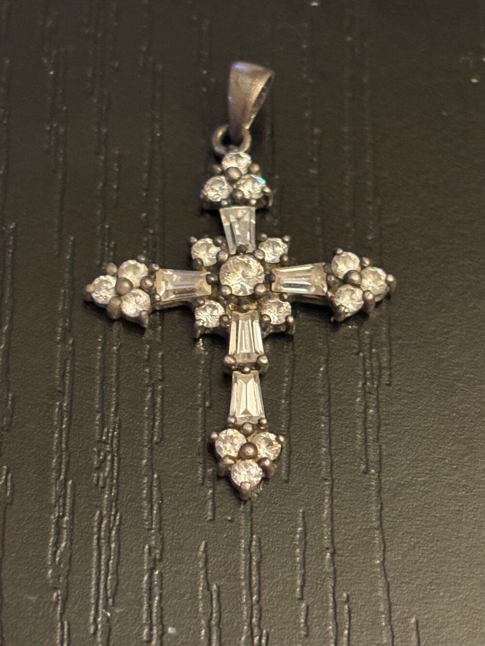 Vintage Rhinestone Cross Pendant Silver Tone Baguette